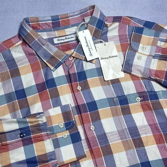 Tommy Bahama Men's Big & Tall 2XB Pure Coral Mendocino Button Front Plaid Shirt - Picture 1 of 9